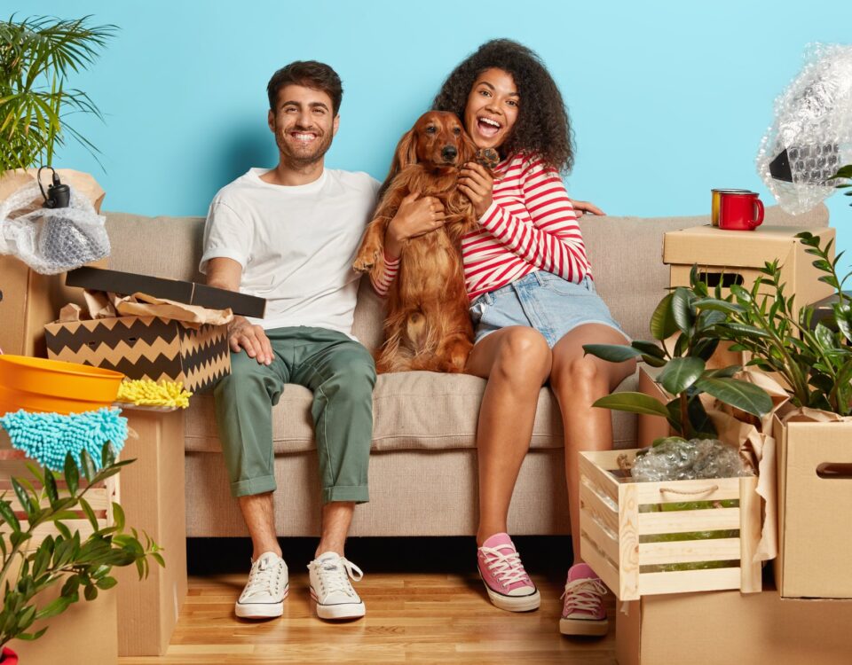 Pareja con perro rodeada de cajas de mudanza