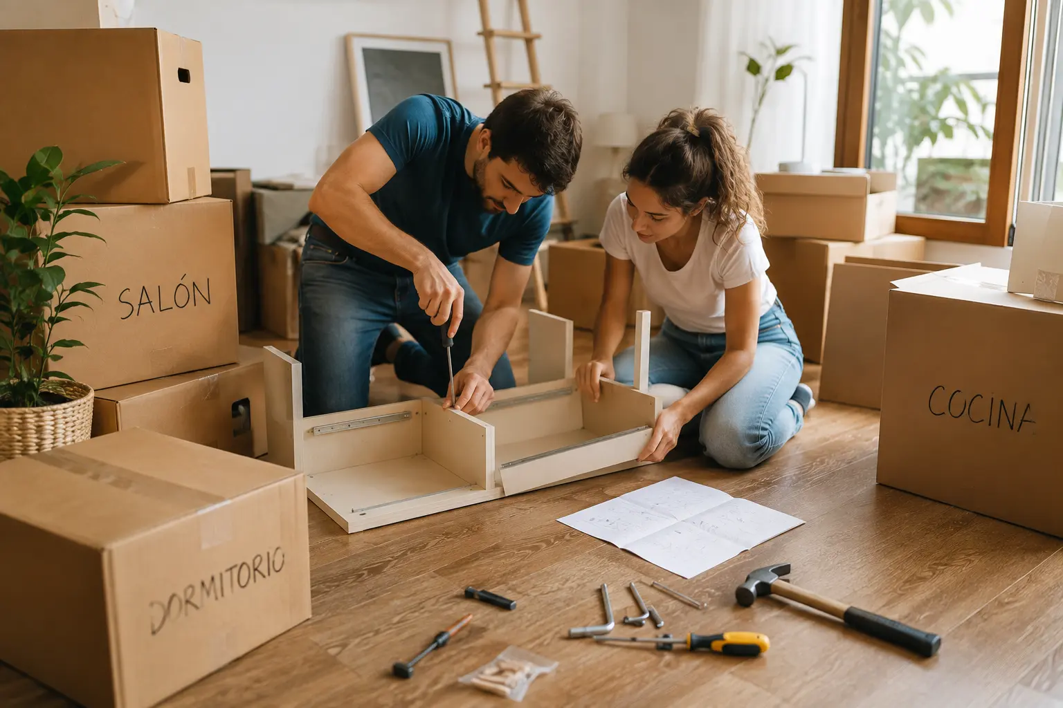 Montando muebles en una mudanza